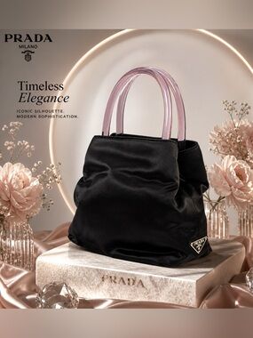 PRADA Milano Black Satin Top Lucite Double Handle Bag w Authentication Cards